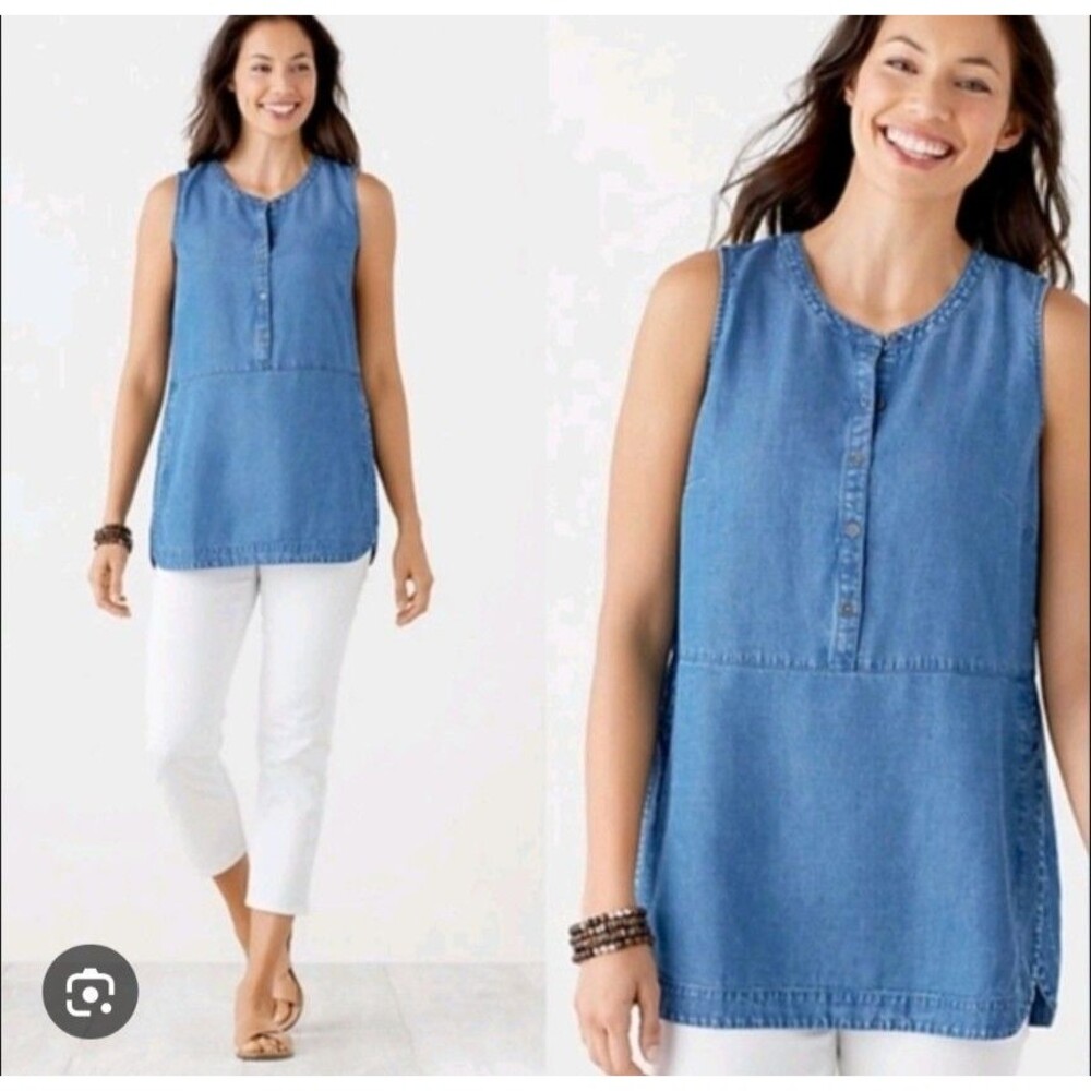 J Jill Denim Shirt Womens‎ XS Petite Sleeveless Button Tunic Top Tencel Linen